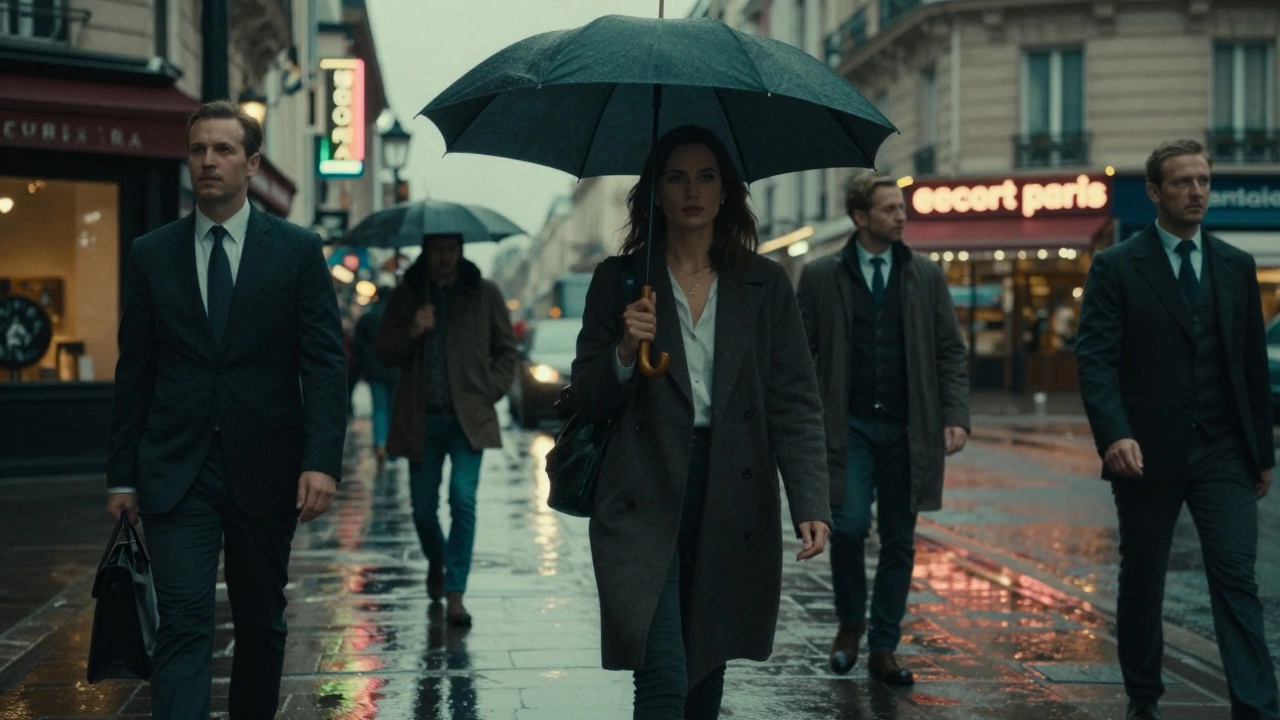 A woman walking confidently through a rainy Paris street at dusk, untouched by the crowd around her.