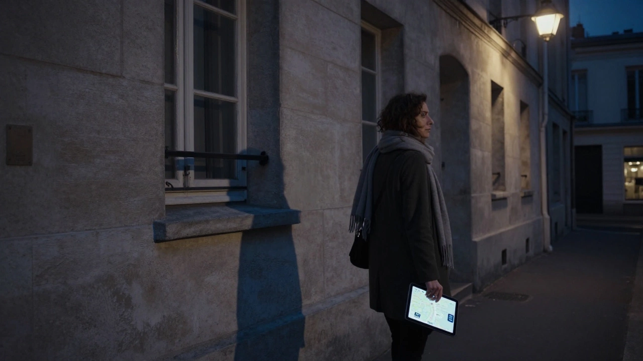 A woman walks down a quiet Montmartre alley at twilight, carrying a discreet device, heading to a companionship meeting.