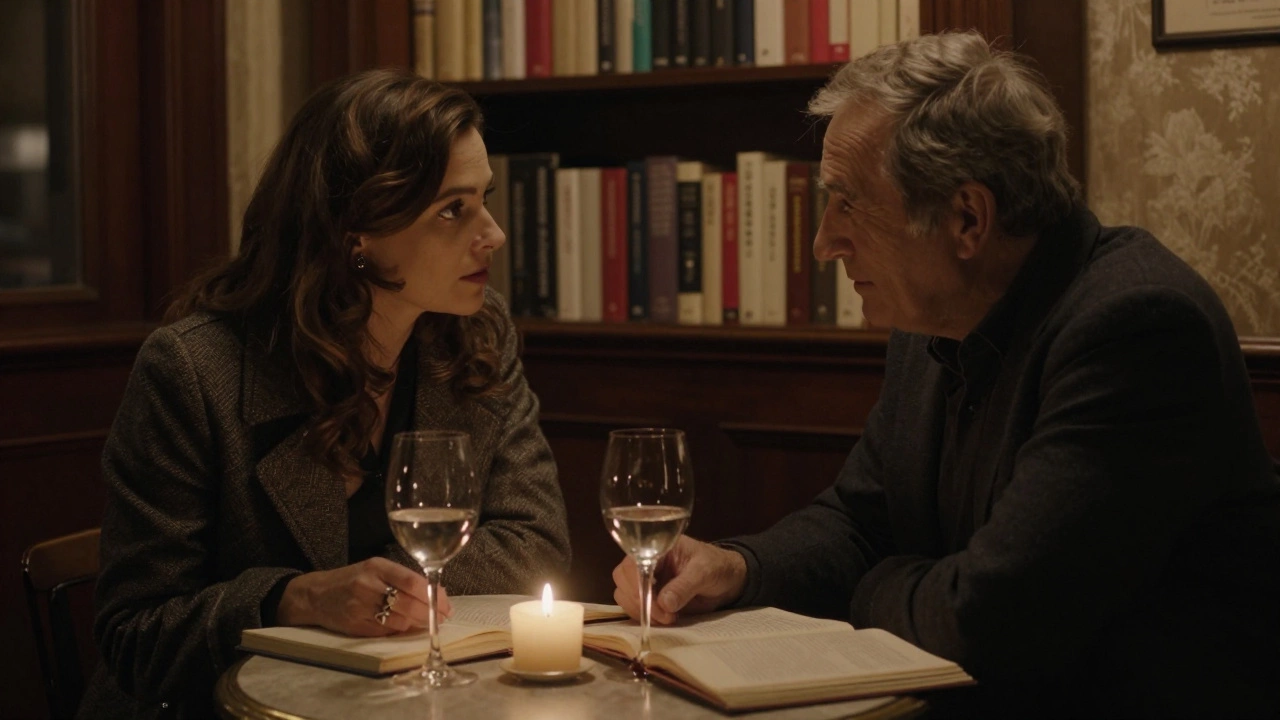 Two people share a thoughtful evening in a cozy Parisian bistro, talking over wine and books.