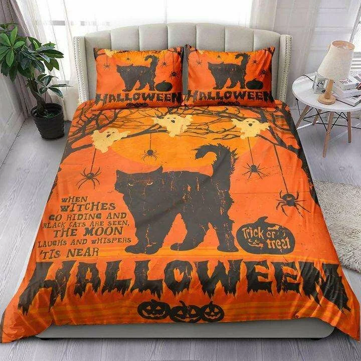 Black Cat With Ghost And Spider Halloween Bedding Set